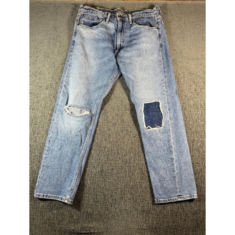 Levis‎ 505 Regular Fit Light Wash Distressed Patched Jeans Mens 34x27.5